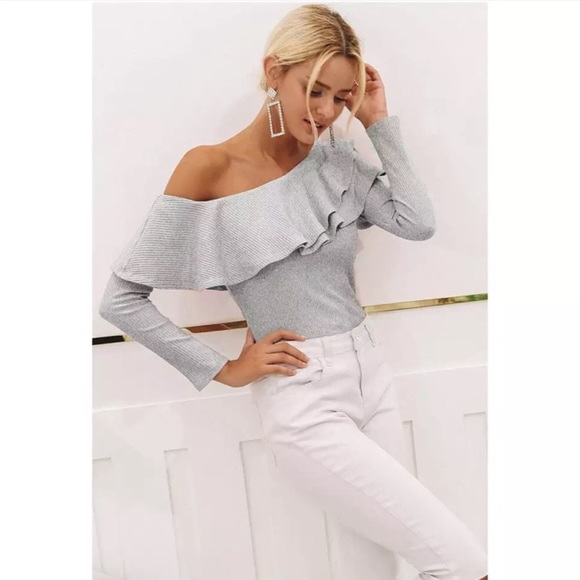 Price ⬇️ Grey Off the Shoulder Ruffle Top - Picture 3 of 3